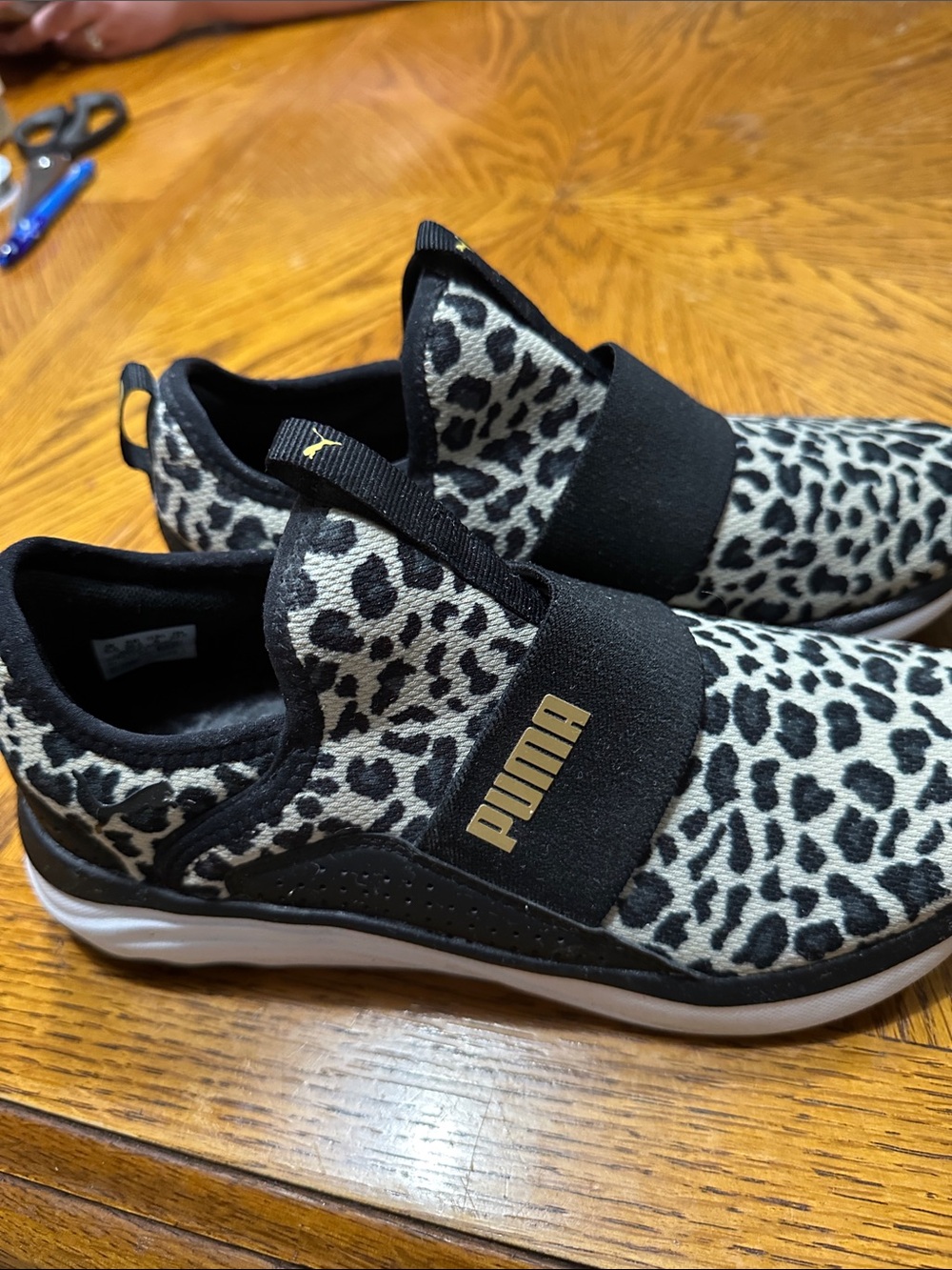Puma Kids Slip-On Leopard Print Sneakers - Black & White with Gold Logo